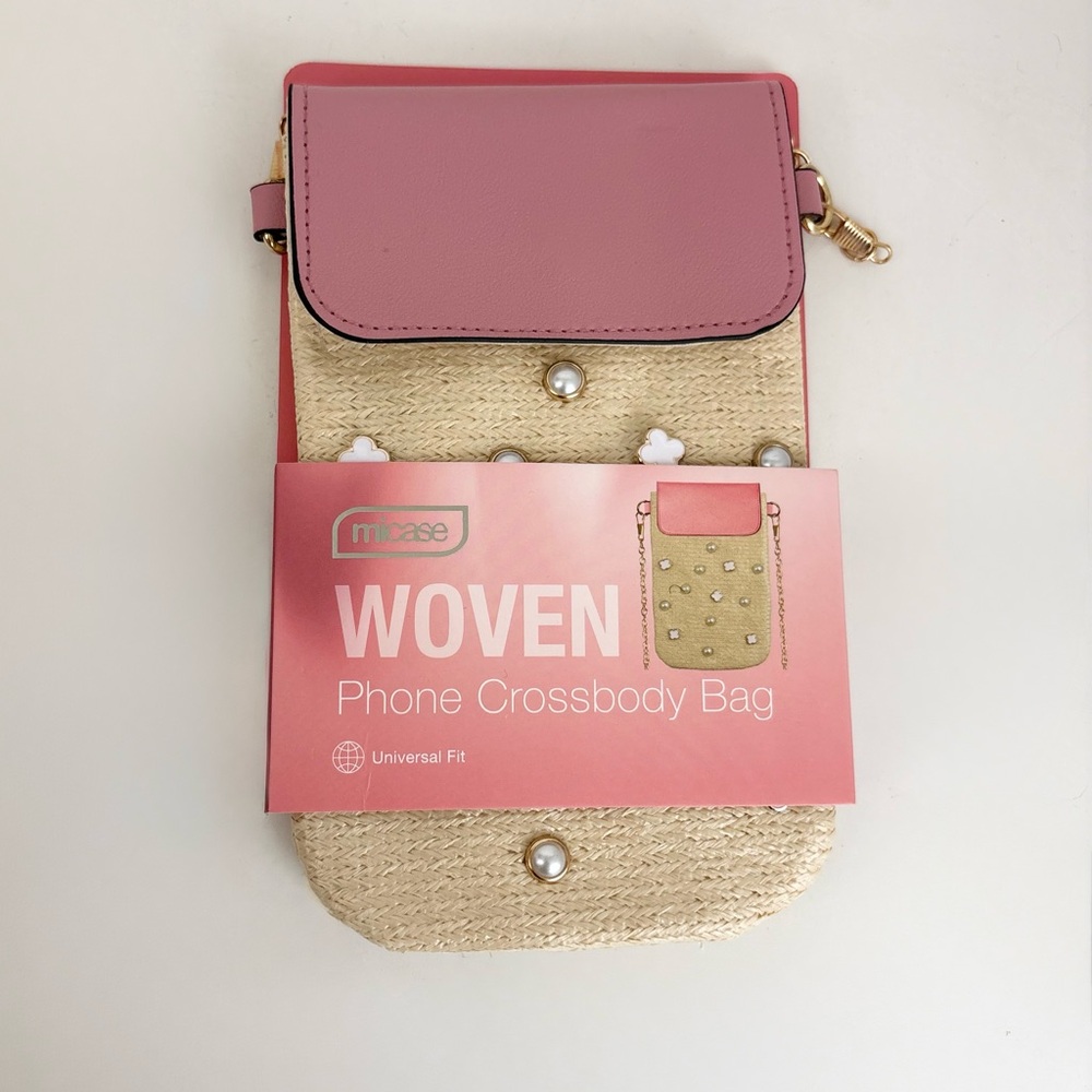 New Miscase Tan Woven and Pink With Beaded Decor Accents Crossbody Phone Bag